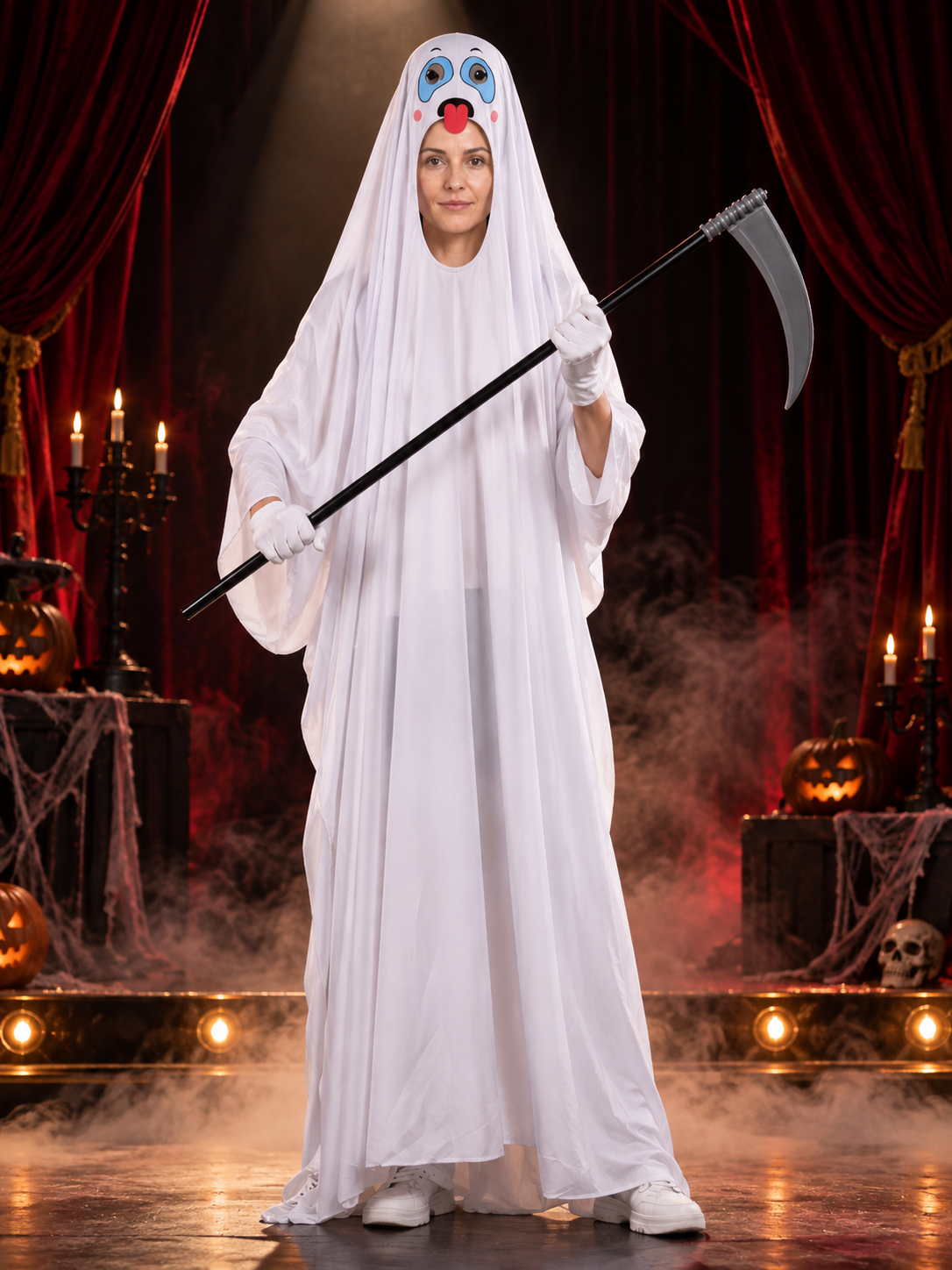 White Ghost Costume Long Hooded Robe with Scythe