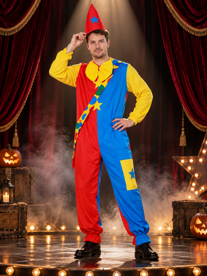 Adult Clown Costume with Hat and Stars, Yellow