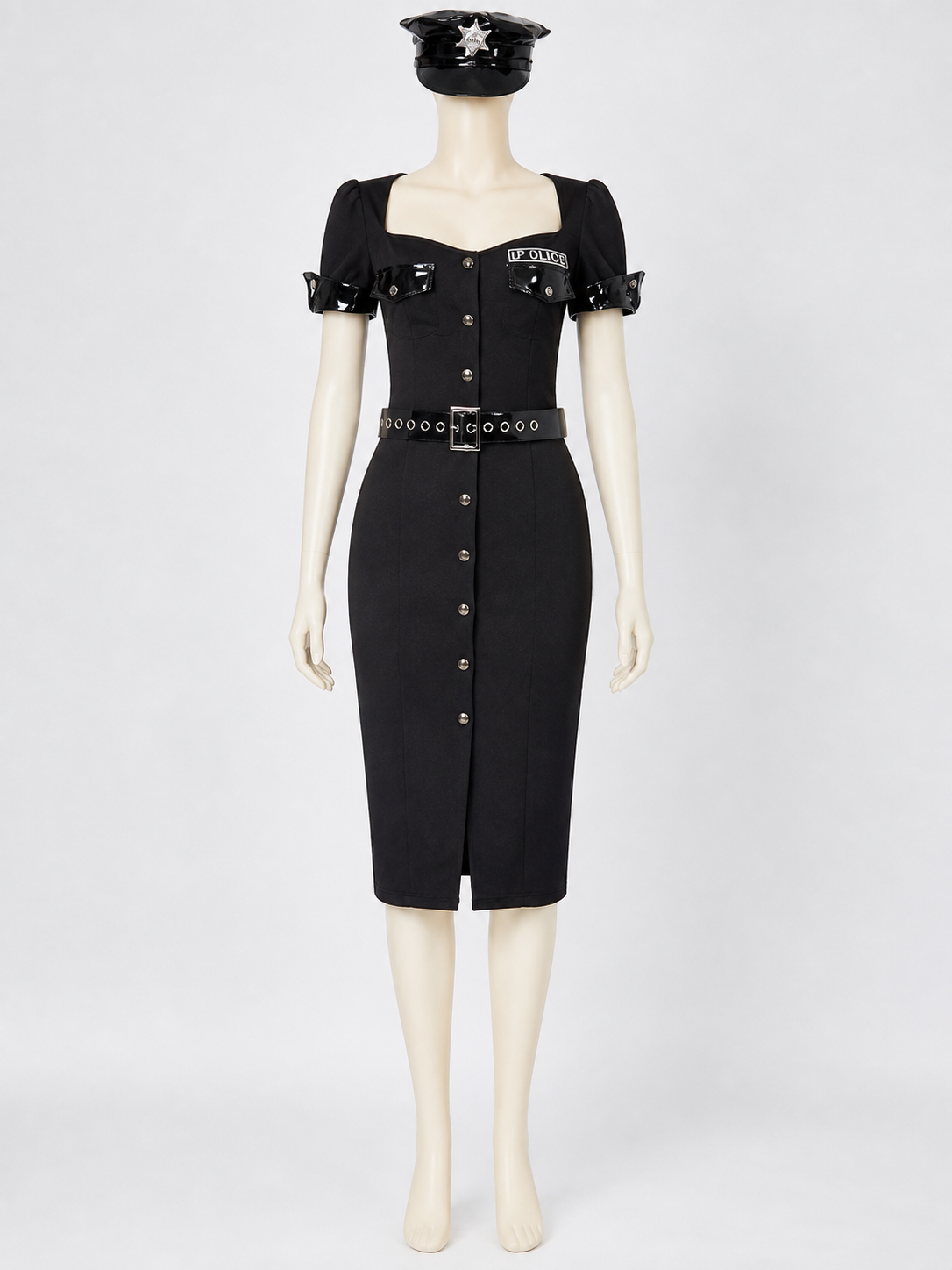 Women's Black Police Costume Set with Dress, Hat and Belt Costume Dresses detail 3