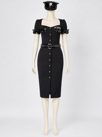 Women's Black Police Costume Set with Dress, Hat and Belt Costume Dresses detail 3