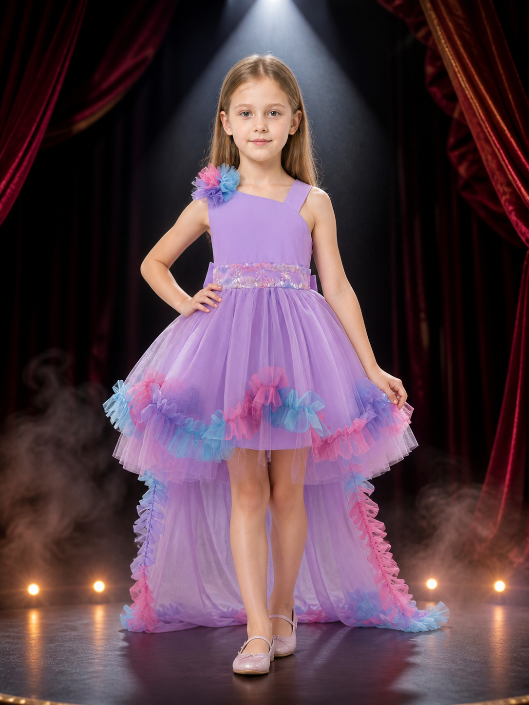 Girls' Princess Tulle Flower Girl Dress, One-Shoulder Long-Tail Party Gown Costume Dresses detail 3