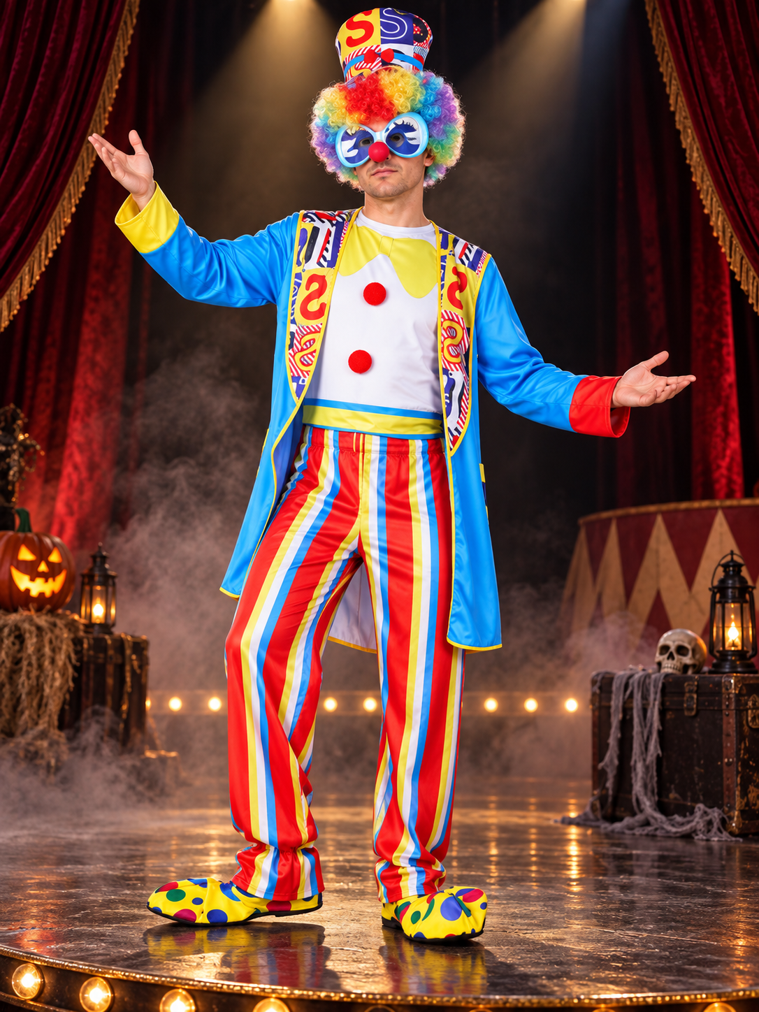 Colorful Clown Costume for Adults: Jumpsuit, Mask