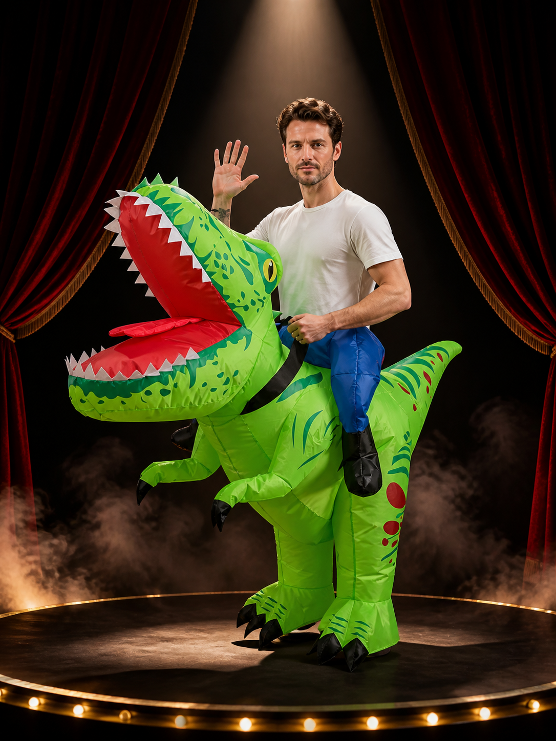 Kids Inflatable Dinosaur Costume, Green with Spots and Stripes, Halloween Party Costumes detail 3