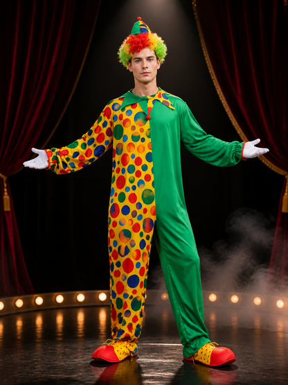 Unisex Jester Costume Jumpsuit, Colorful Polka Dot Clown Outfit with Hat Costume Headwear detail 3