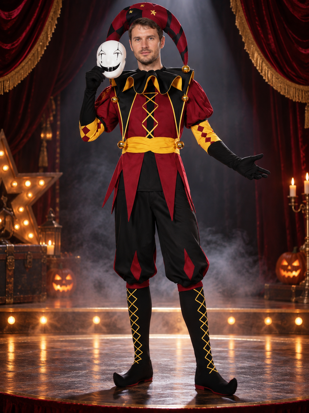 Jester Cosplay Costume with Mask, Hat, Stockings, and Gloves