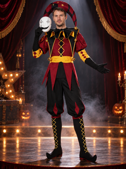 Jester Cosplay Costume with Mask, Hat, Stockings, and Gloves