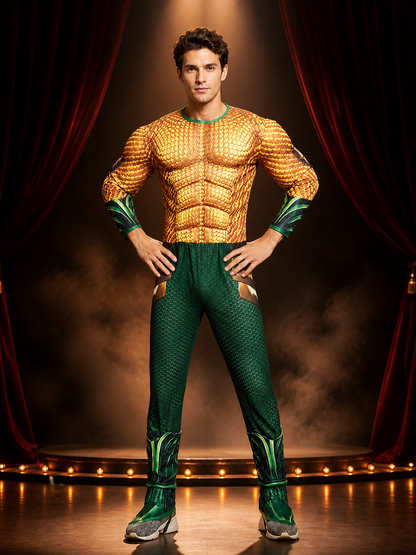 Adult Aquaman Muscle-Design Scaled Bodysuit Costume, Long Sleeve