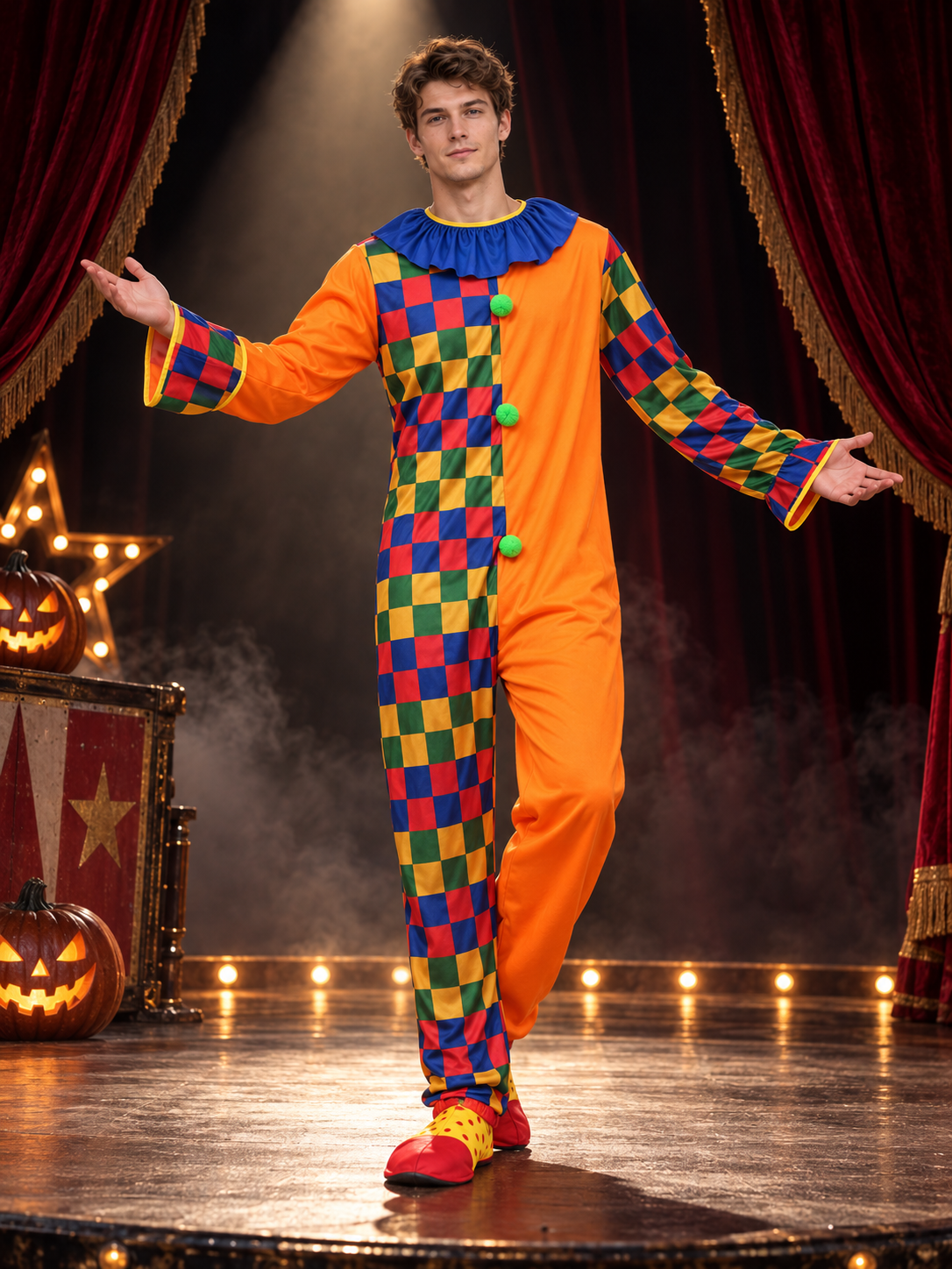 Clown Costume Orange Jumpsuit with Ruffles and Diamonds