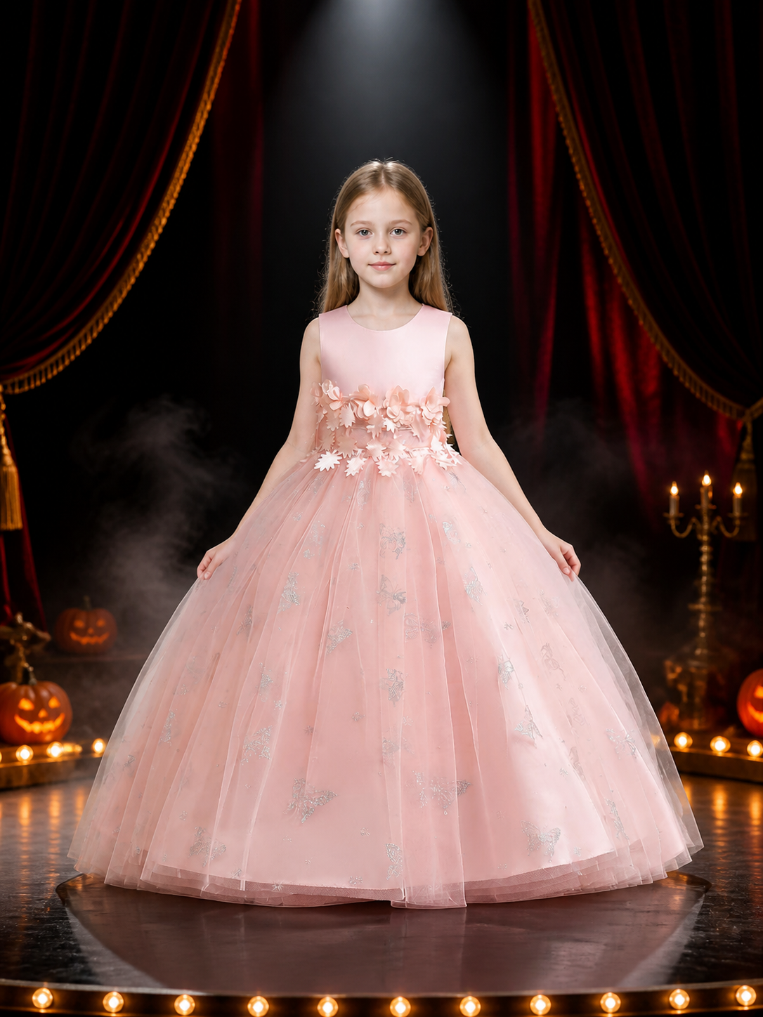 Girls' Pink Princess Flower Girl Dress With Layered Tulle Skirt And Butterfly Costume Dresses detail 3