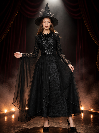 Black Witch Costume Dress with Layered Skirt and Hat, Halloween Outfit Costume Dresses detail 3