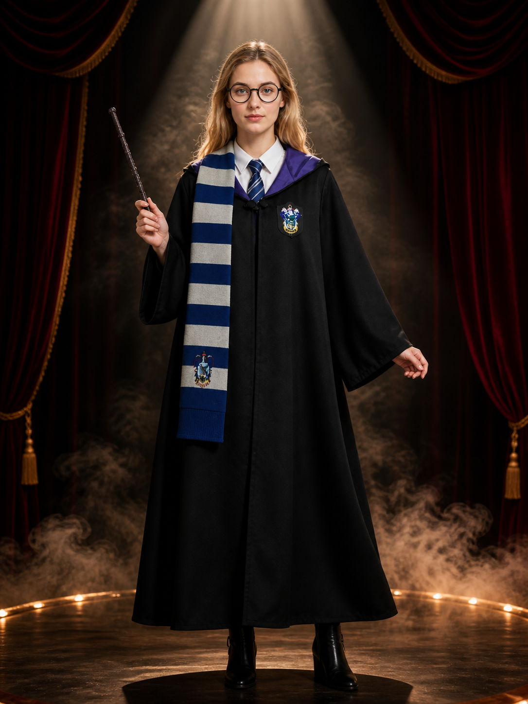 Wizard Robe Costume Set with Black Long Hooded Cloak, Purple Lining, Striped Costume Capes detail 3