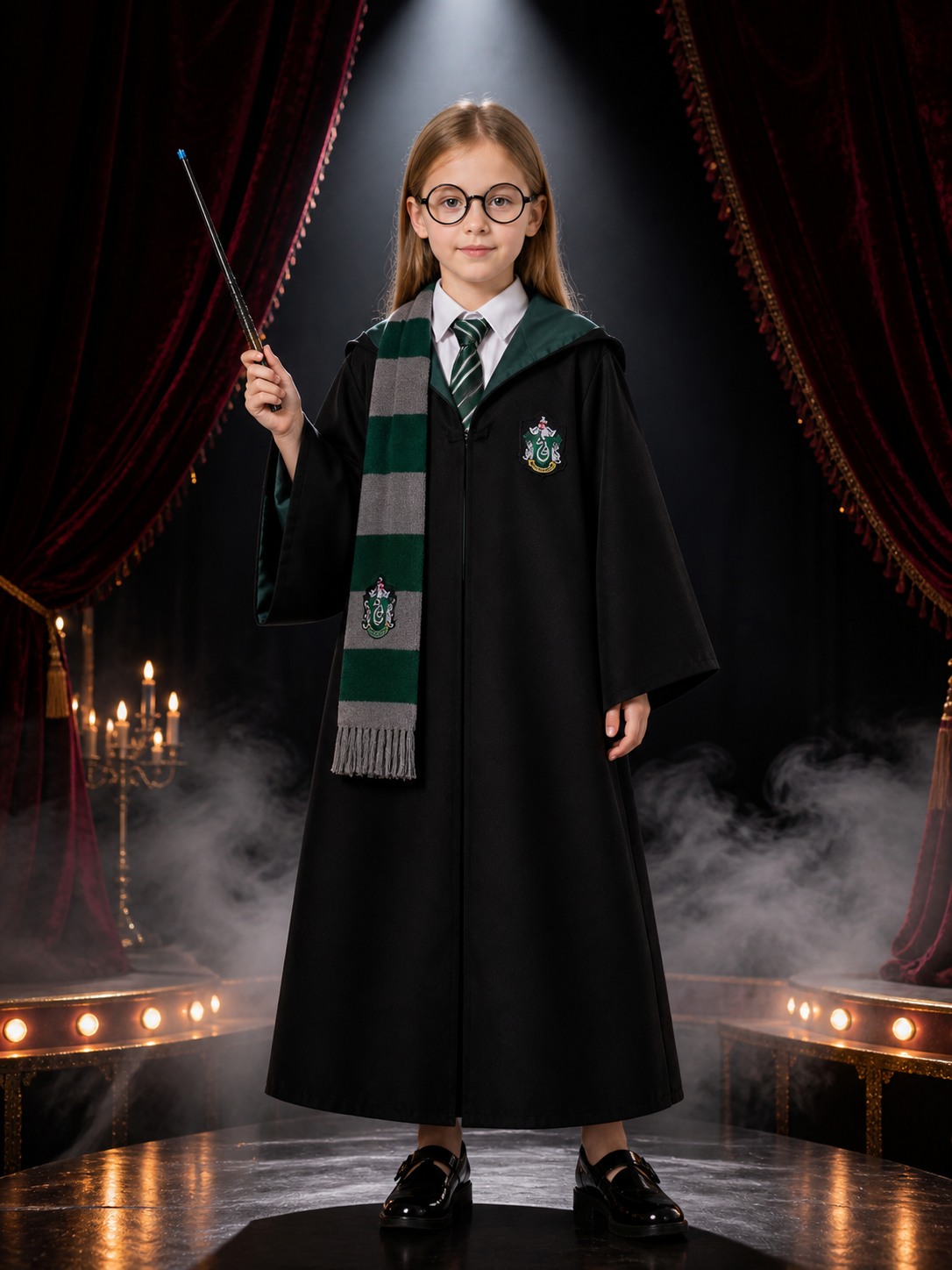 Wizard Cosplay Costume Set with Hooded Robe, Striped Scarf, Tie, Glasses & Wand Costume Accessories detail 3