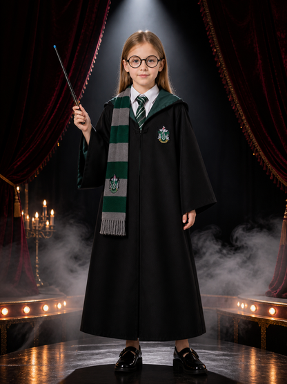 Wizard Cosplay Costume Set with Hooded Robe, Striped Scarf, Tie, Glasses & Wand Costume Accessories detail 3