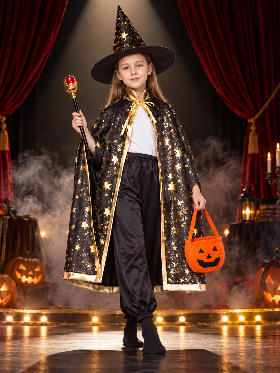 Kids' Carnival Costume with Cape, Hat, and Pumpkin Bag