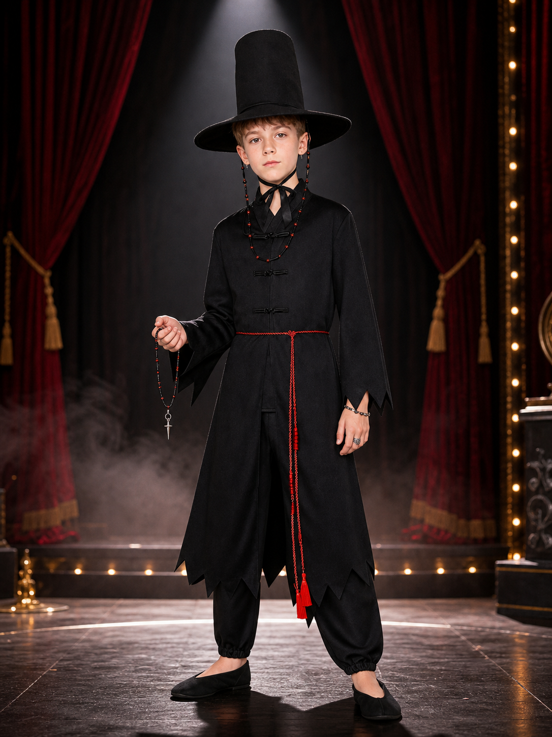 Black Magic Fantasy Role-Play Costume Set with Pointed Hat and Accessories Costume Headwear detail 3
