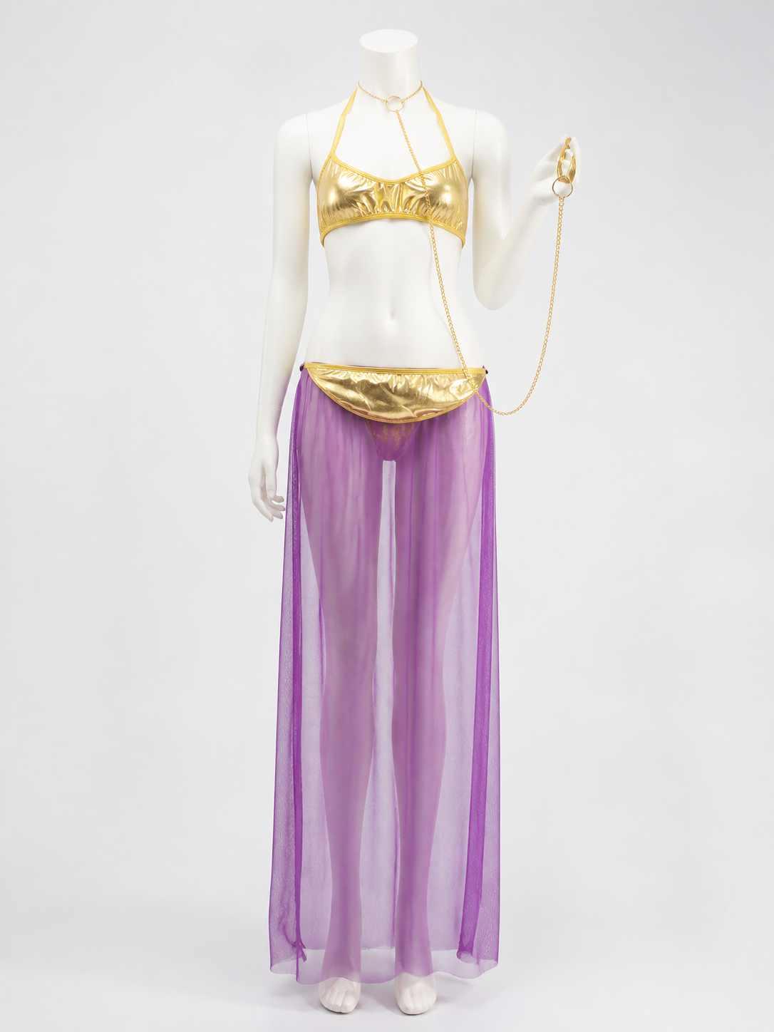 Egyptian Queen Two-Piece Costume Set, Gold Crop Top, Purple Skirt With Chain Costumes detail 3