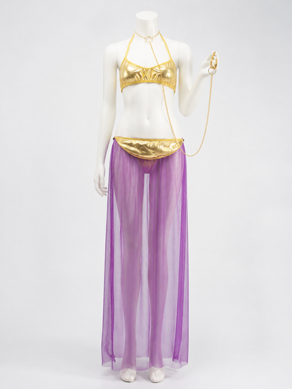Egyptian Queen Two-Piece Costume Set, Gold Crop Top, Purple Skirt With Chain Costumes detail 3