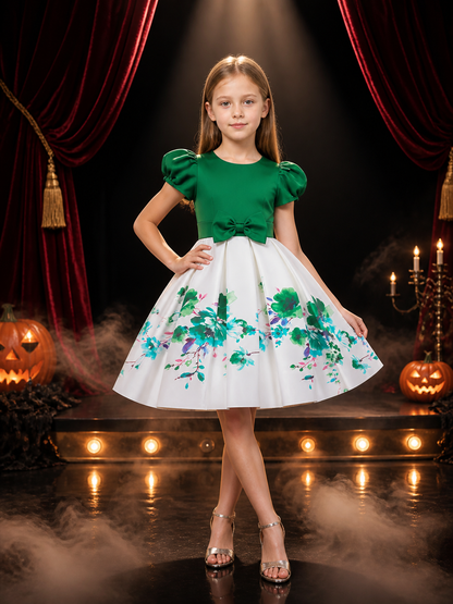 Girls' Green and White Floral Princess Dress with Puff Sleeves and Bow Costume Dresses detail 3