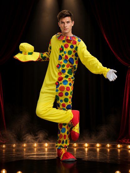 Adult Unisex Clown Costume Jumpsuit with Multicolor Polka Dots and Hat for Costume Headwear detail 3