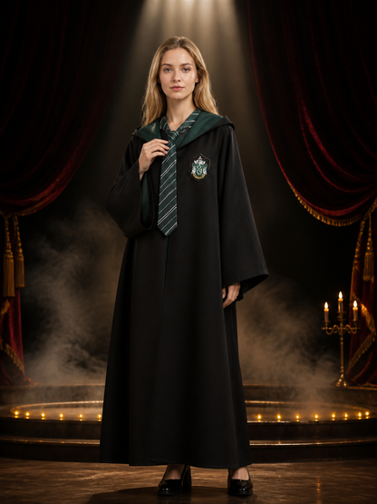 Wizard Robe Costume Set with Striped Tie, Long Black and Green Halloween Cosplay Costumes detail 3