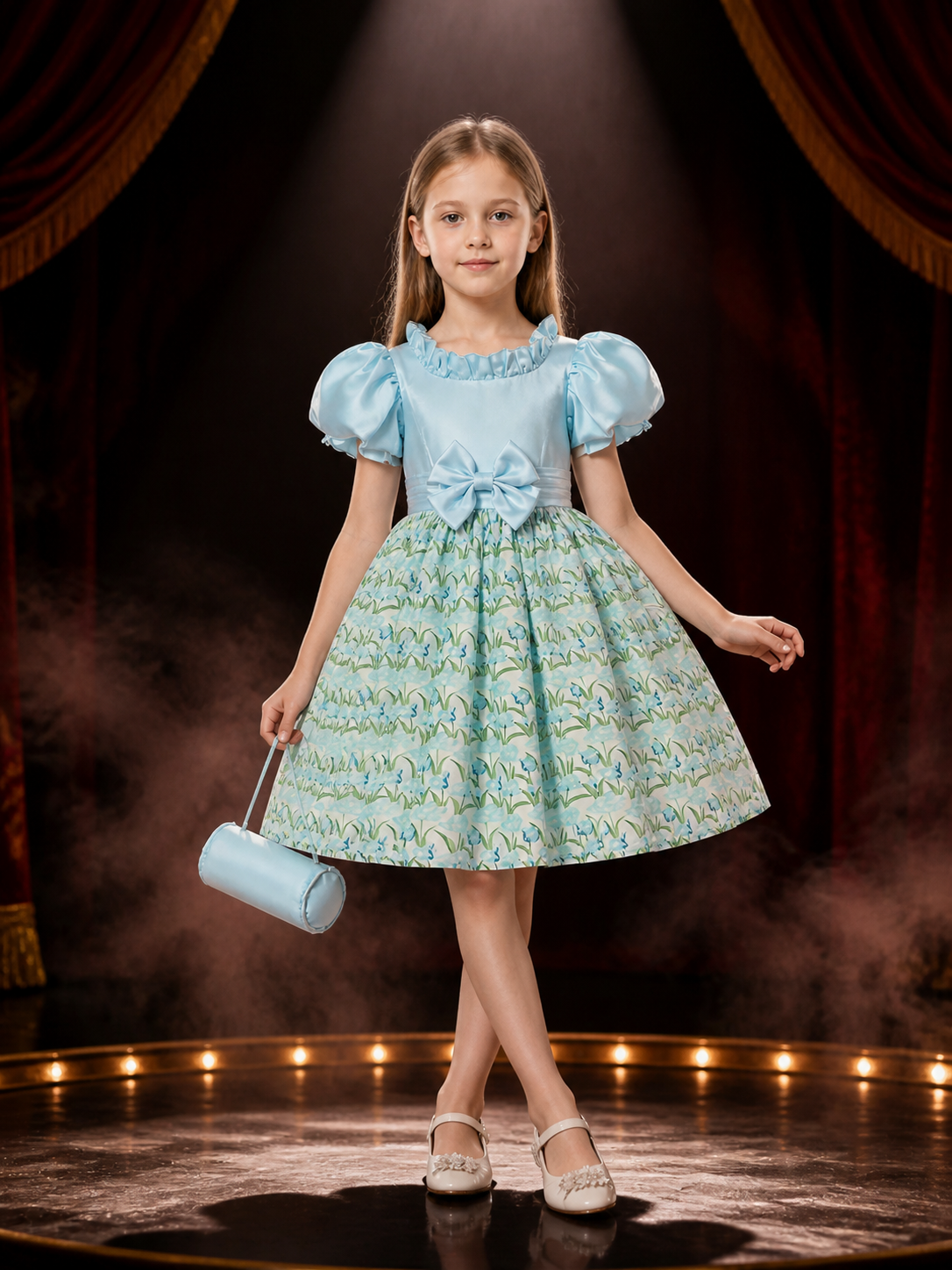 Girls' Sky Blue Princess Dress with Puff Sleeves, Floral Print, Waist Bow and Costume Dresses detail 3