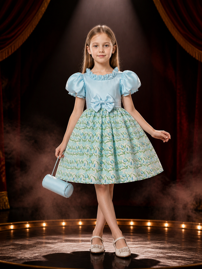 Girls' Sky Blue Princess Dress with Puff Sleeves, Floral Print, Waist Bow and Costume Dresses detail 3