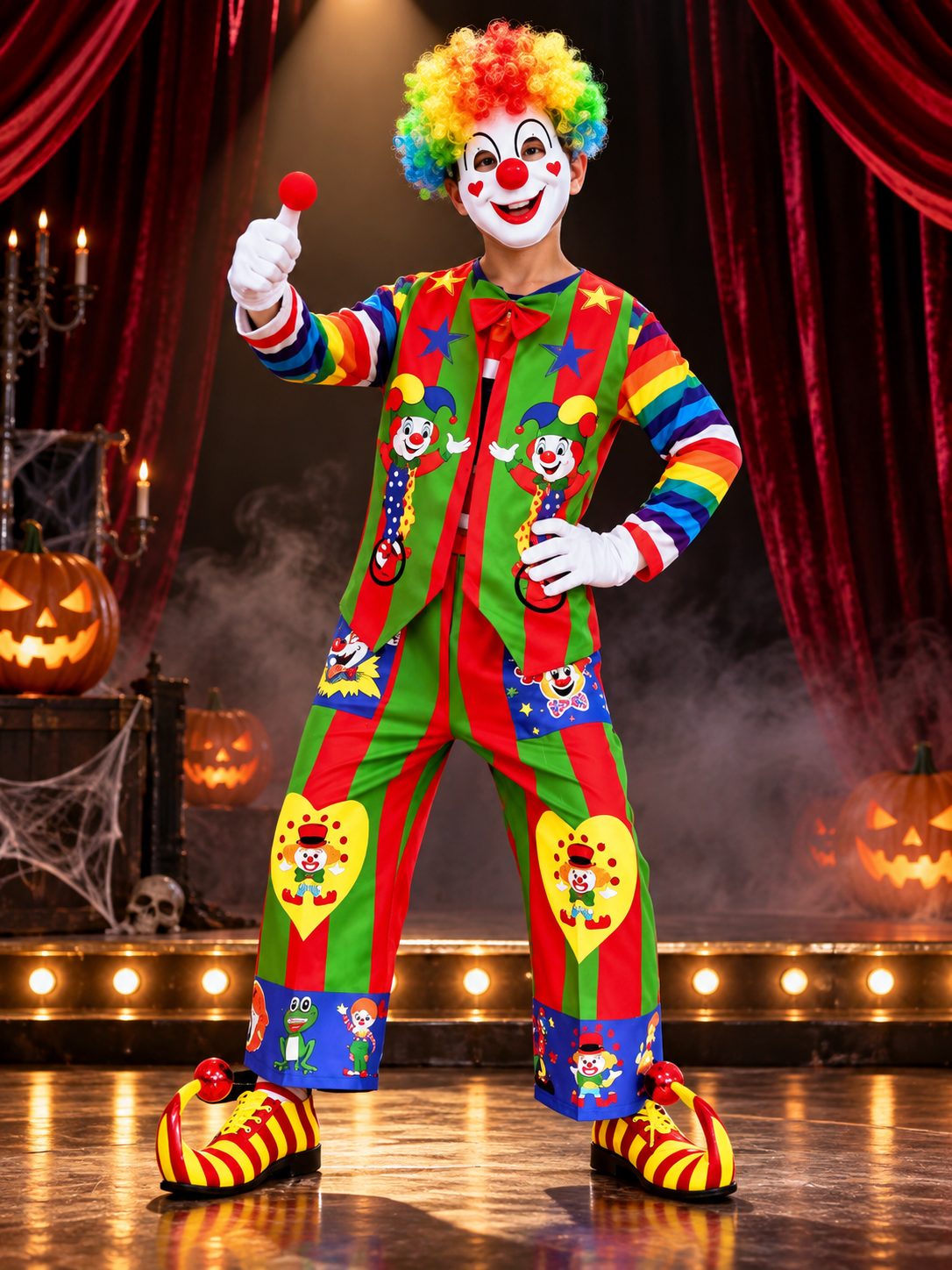 Multicolor Clown Costume with Wig, Mask, and Gloves