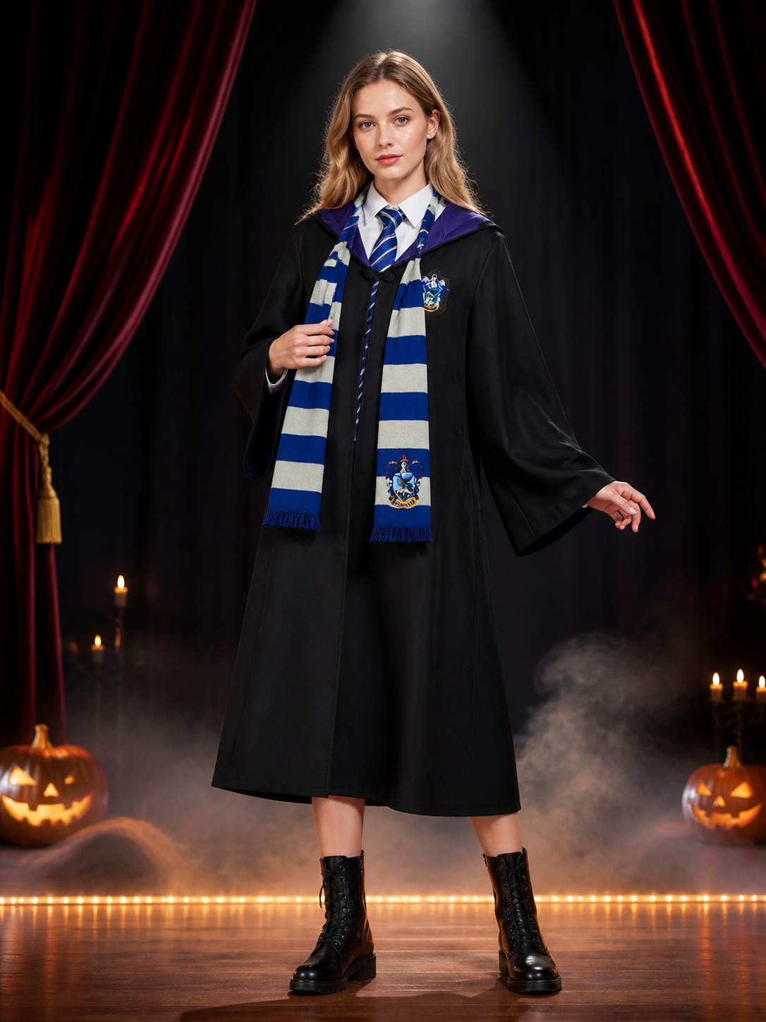 Ravenclaw Hooded Wizard Robe Costume Set with Striped Tie and Scarf, Halloween