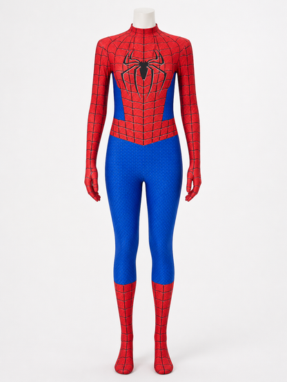 Kids' Spider-Themed Bodysuit Costume, Red Blue Black Web Design With Attached Costumes detail 3