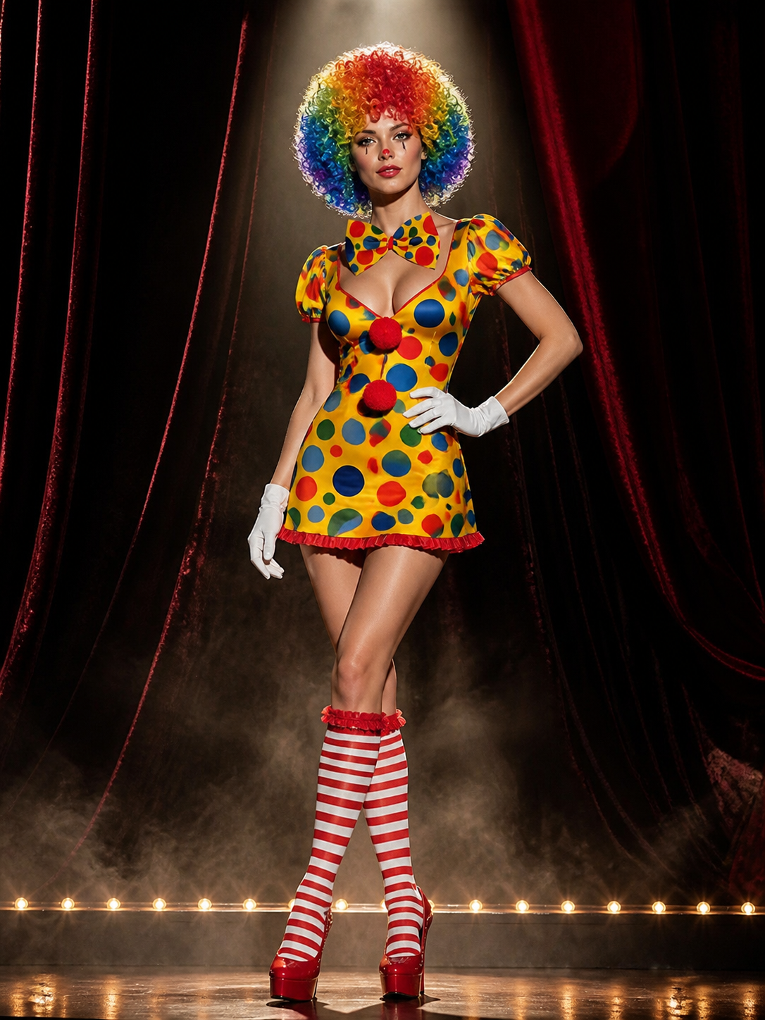 Colorful Unisex Clown Costume Accessory Set with Wig, Red Nose, Bow Tie & Gloves Costume Wigs detail 3