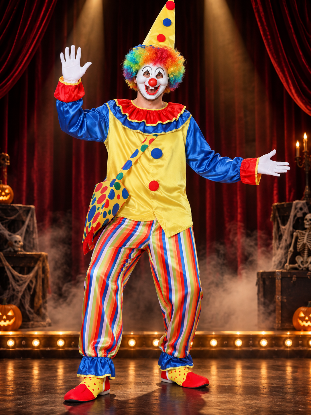 Clown Costume with Yellow Top, Pants, and Polka-Dot Hat