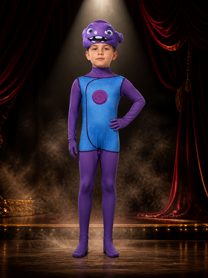 Kids Alien Onesie Costume with Mask, Purple Blue Polka Dot Print Bodysuit for