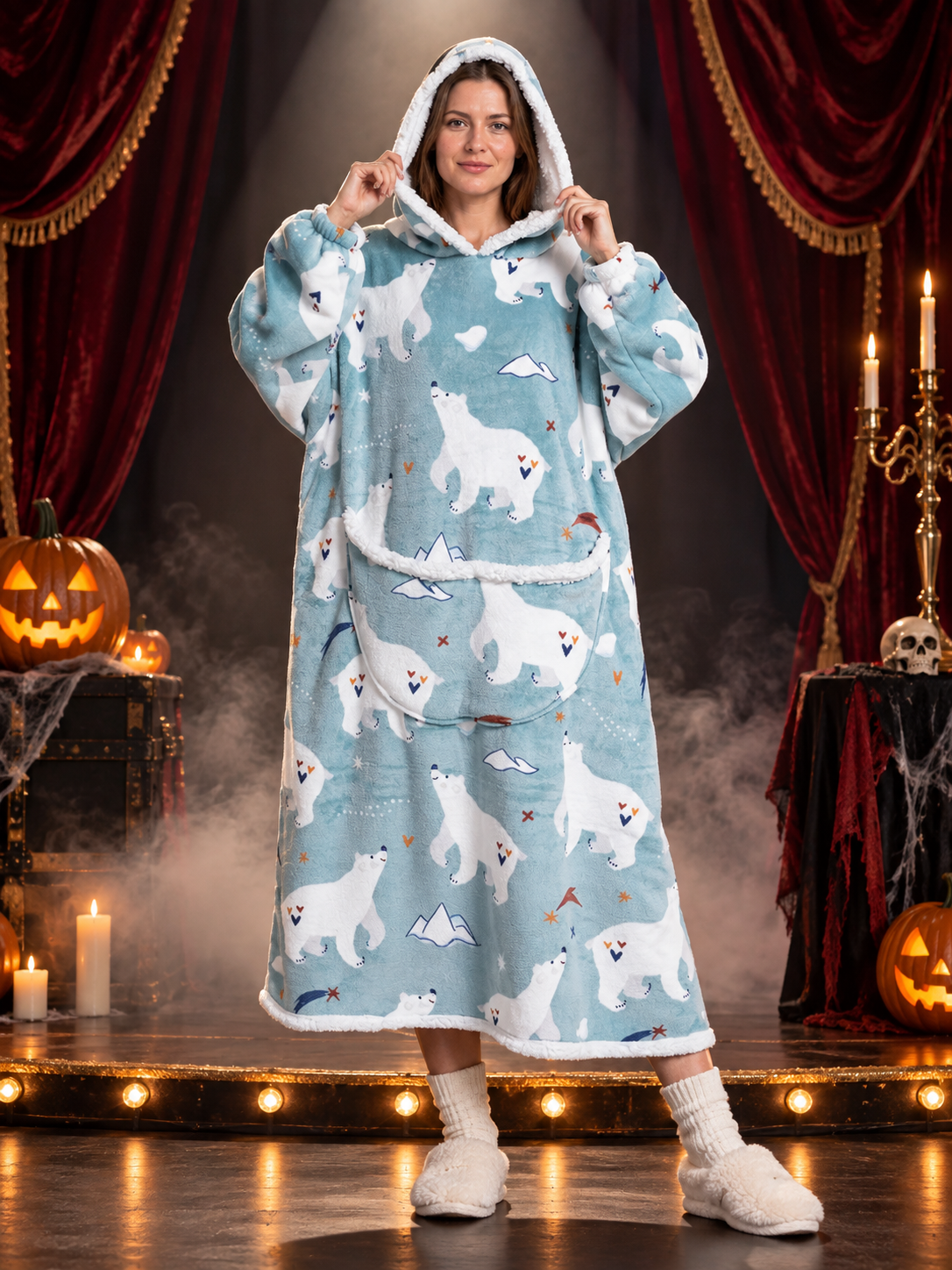 Flannel Hooded Blanket with White Bear Print