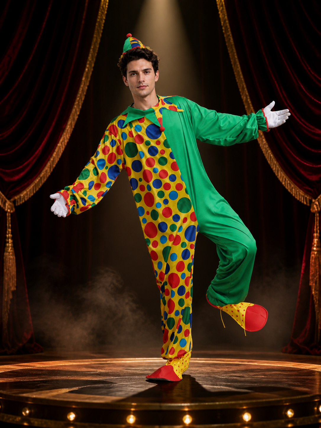 Unisex Adult Clown Jumpsuit Costume with Hat, Polka Dot Print & Color Block Costume Headwear detail 3