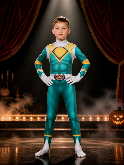 Dinosaur Ranger Teal Geometric Print Jumpsuit Cosplay Halloween Costume on-model stage scene view