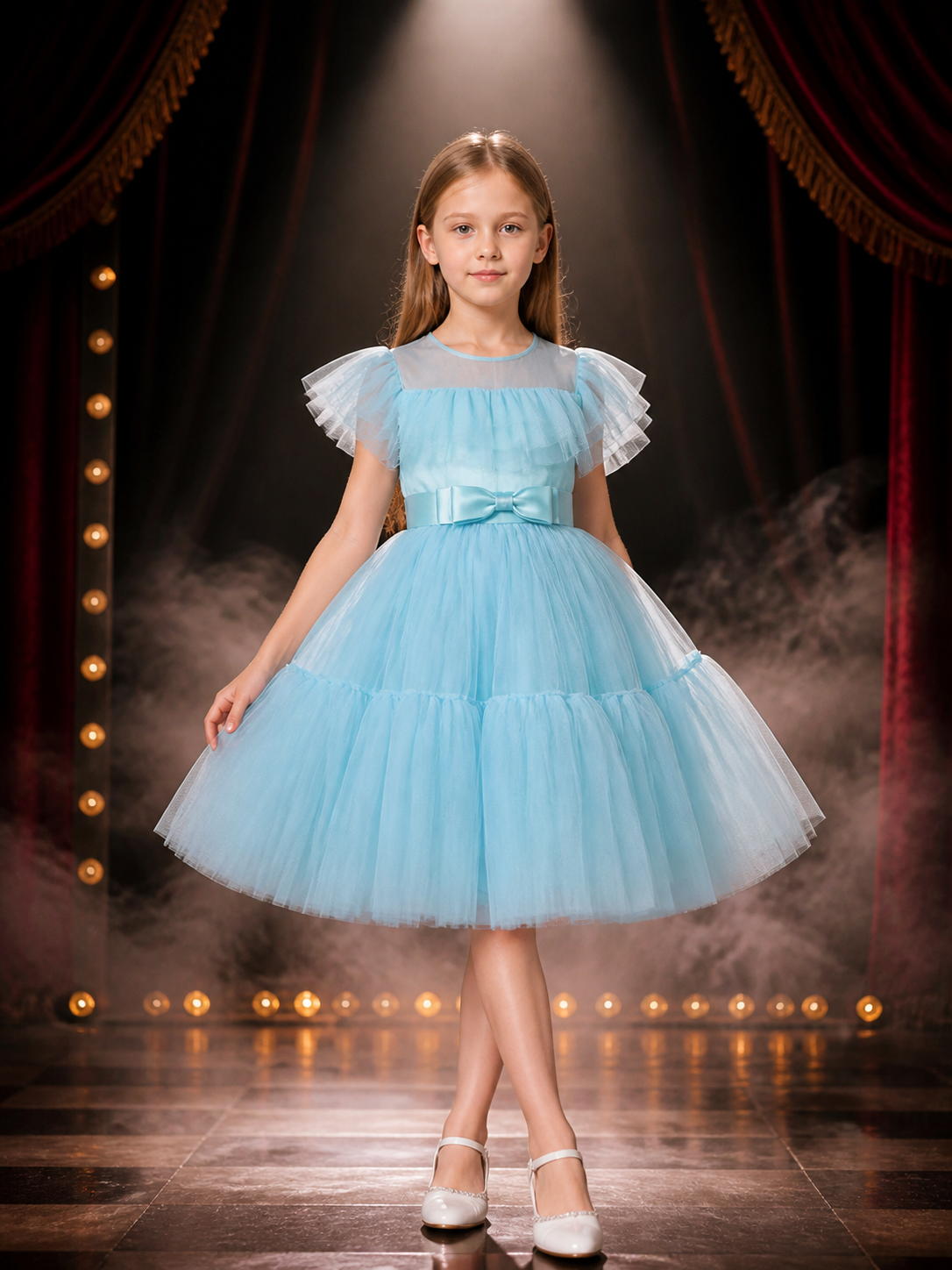 Girls' Light Blue Princess Dress, Square Neck Puff Sleeve Layered Tulle Gown Costume Dresses detail 3
