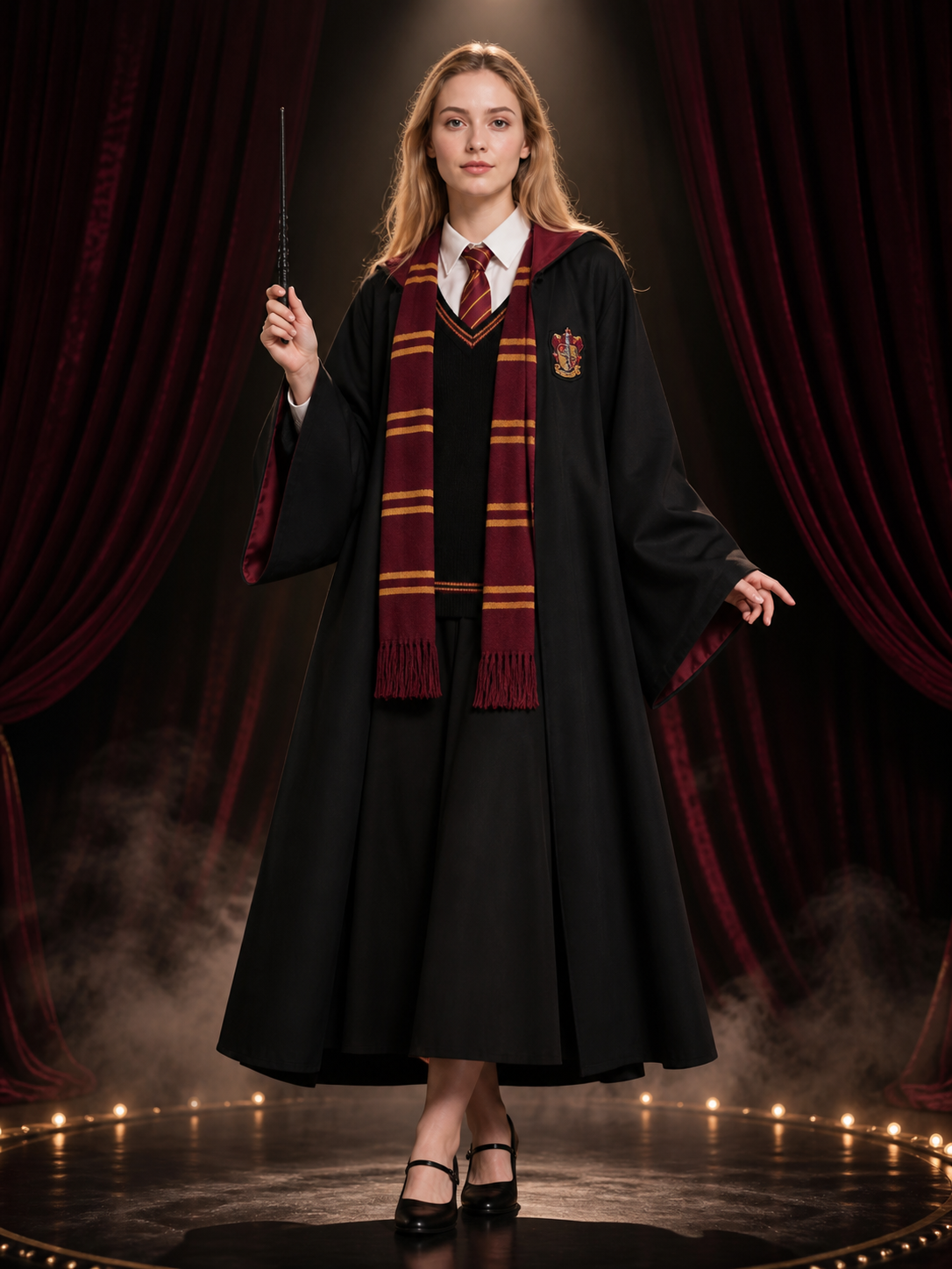 Children's Academic Wizard Robe Costume Set With Striped Tie, Scarf & Wand Costume Accessories detail 3