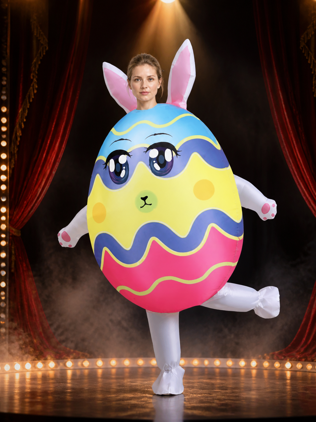 Inflatable Rabbit Egg Bodysuit Costume, Cartoon Striped Animal Outfit with Long Costumes detail 3