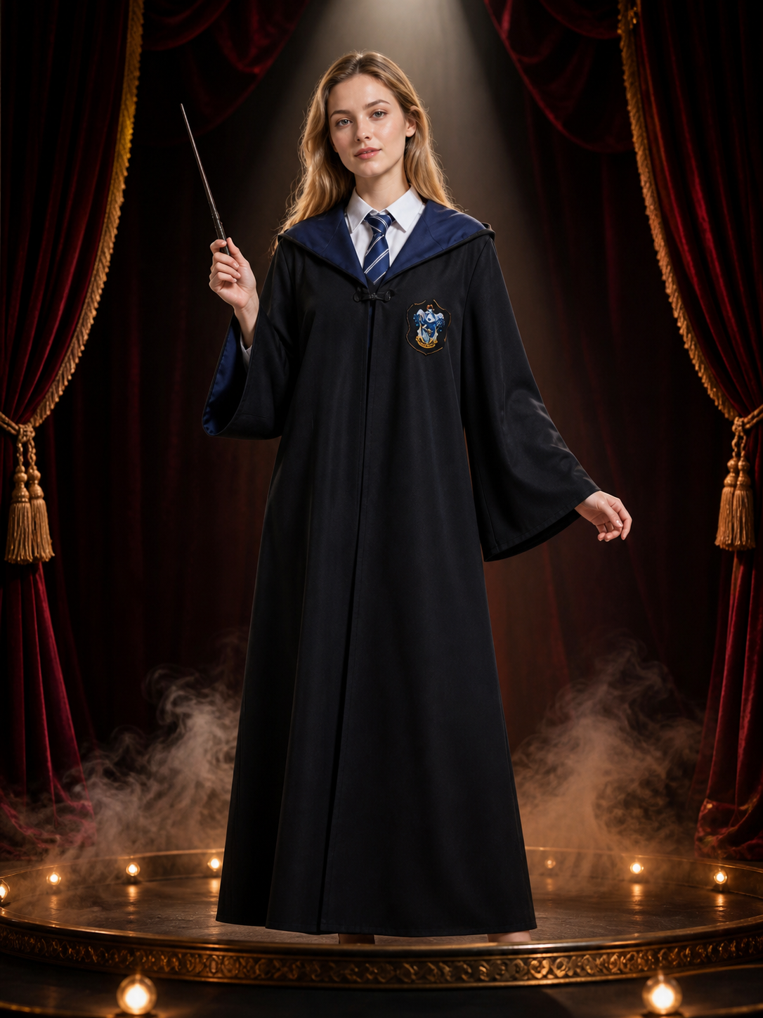 Wizard Hooded Robe Costume Set With Tie And Wand, Black Cosplay Halloween Outfit Costume Accessories detail 3