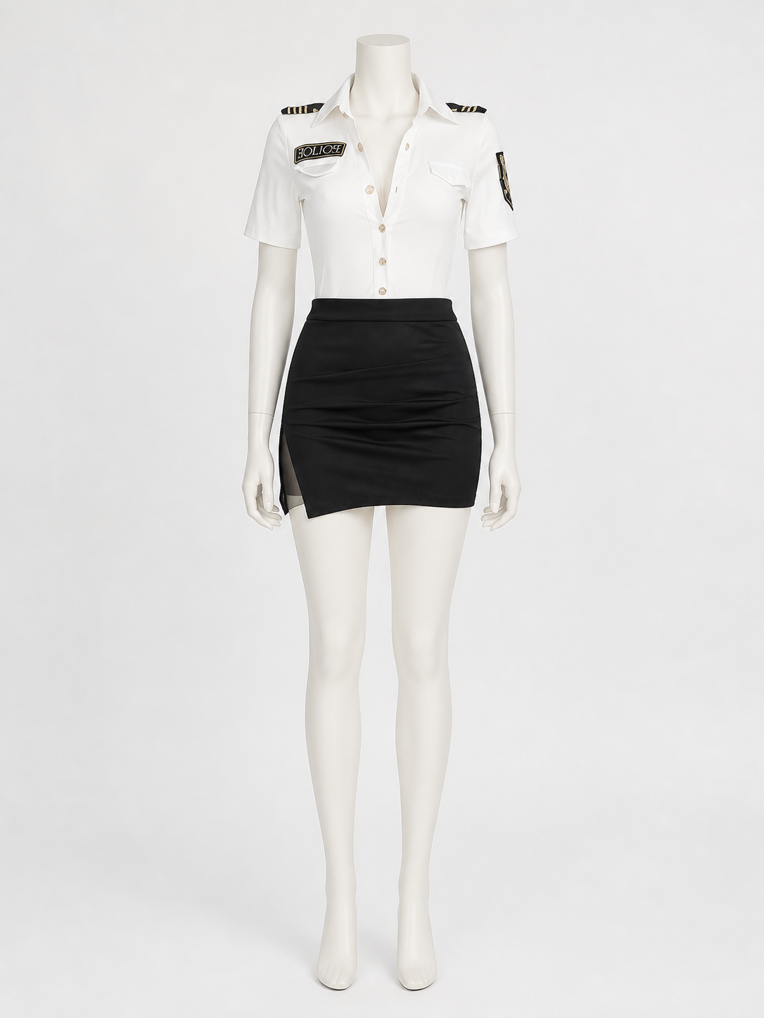 Police Officer Halloween Costume Set - White Top & Black Skirt with Badge, Gold Costumes detail 3