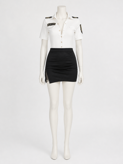 Police Officer Halloween Costume Set - White Top & Black Skirt with Badge, Gold Costumes detail 3