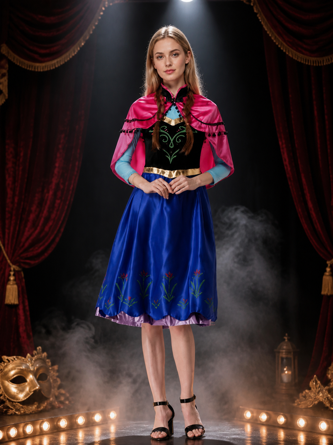 Women's Princess Costume Set, Blue Embroidered Dress with Pink Cape and Gold