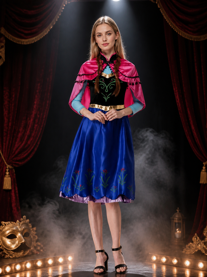 Women's Princess Costume Set, Blue Embroidered Dress with Pink Cape and Gold