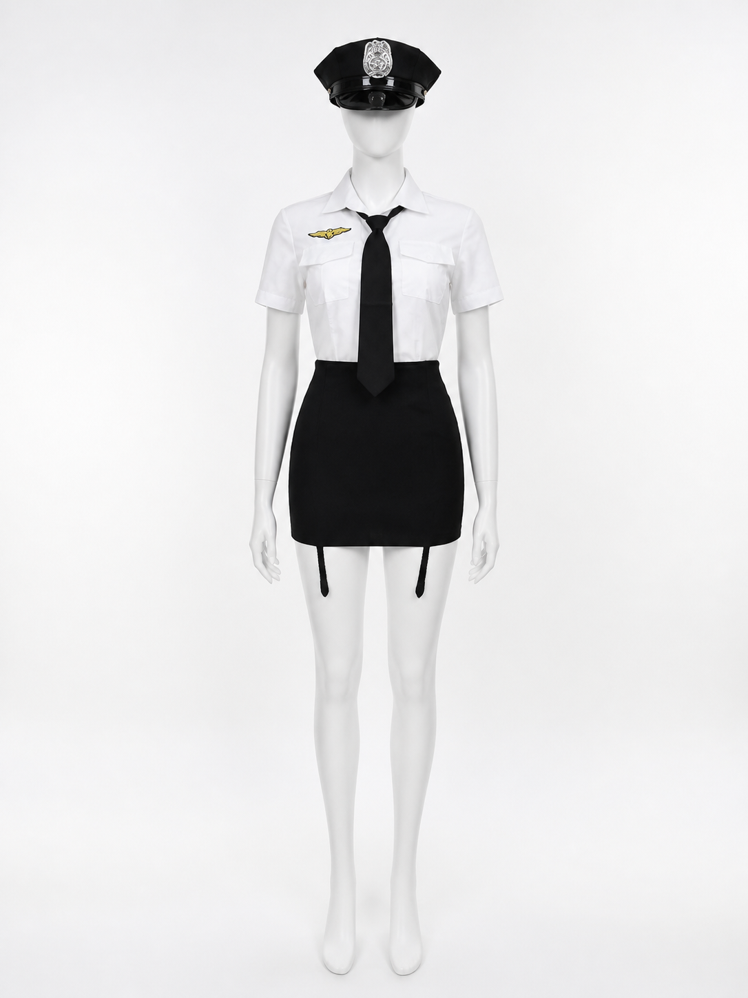 Women's Police Officer Costume, Black and White Uniform with Skirt and Badge Costumes detail 3