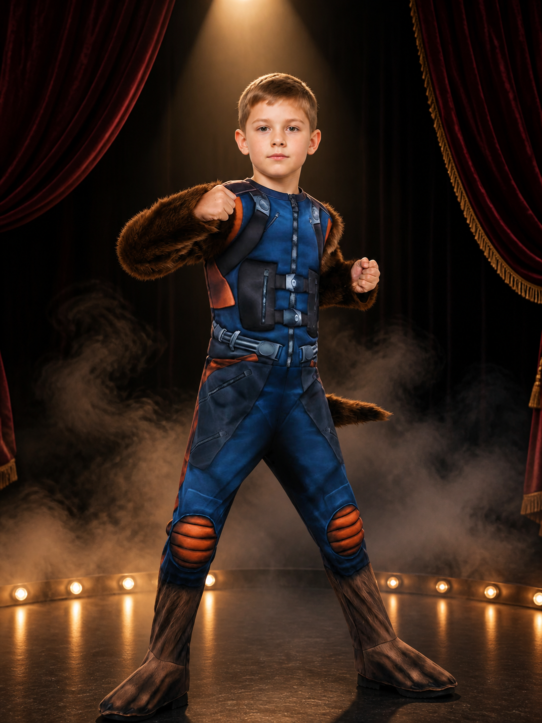 Kids Rocket Raccoon Superhero Muscle Costume Jumpsuit, Plush Hooded Bodysuit Costumes detail 3
