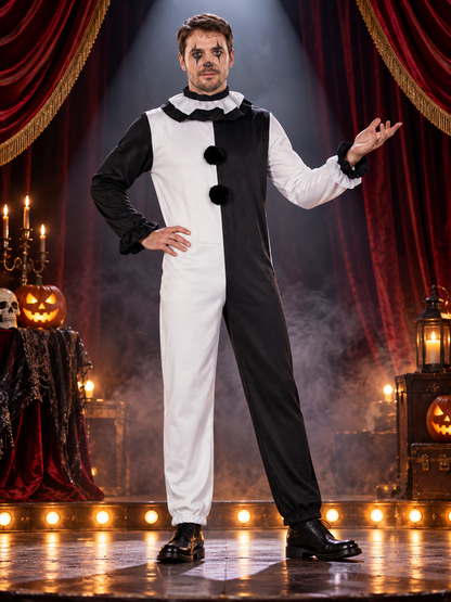 Black and White Clown Costume for Adults with Pom-Poms