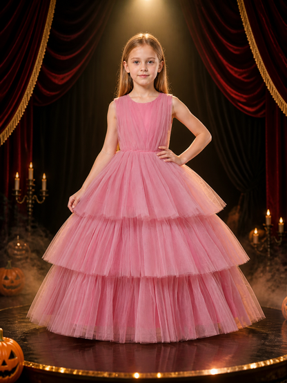 Girls' Pink Princess Dress, Sleeveless Tiered Tulle Floor-Length Formal Gown