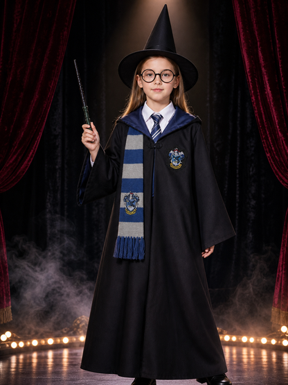 Wizard Cosplay Costume Set - Blue Robe with Scarf, Tie, Hat, Glasses and Wand Costume Headwear detail 3