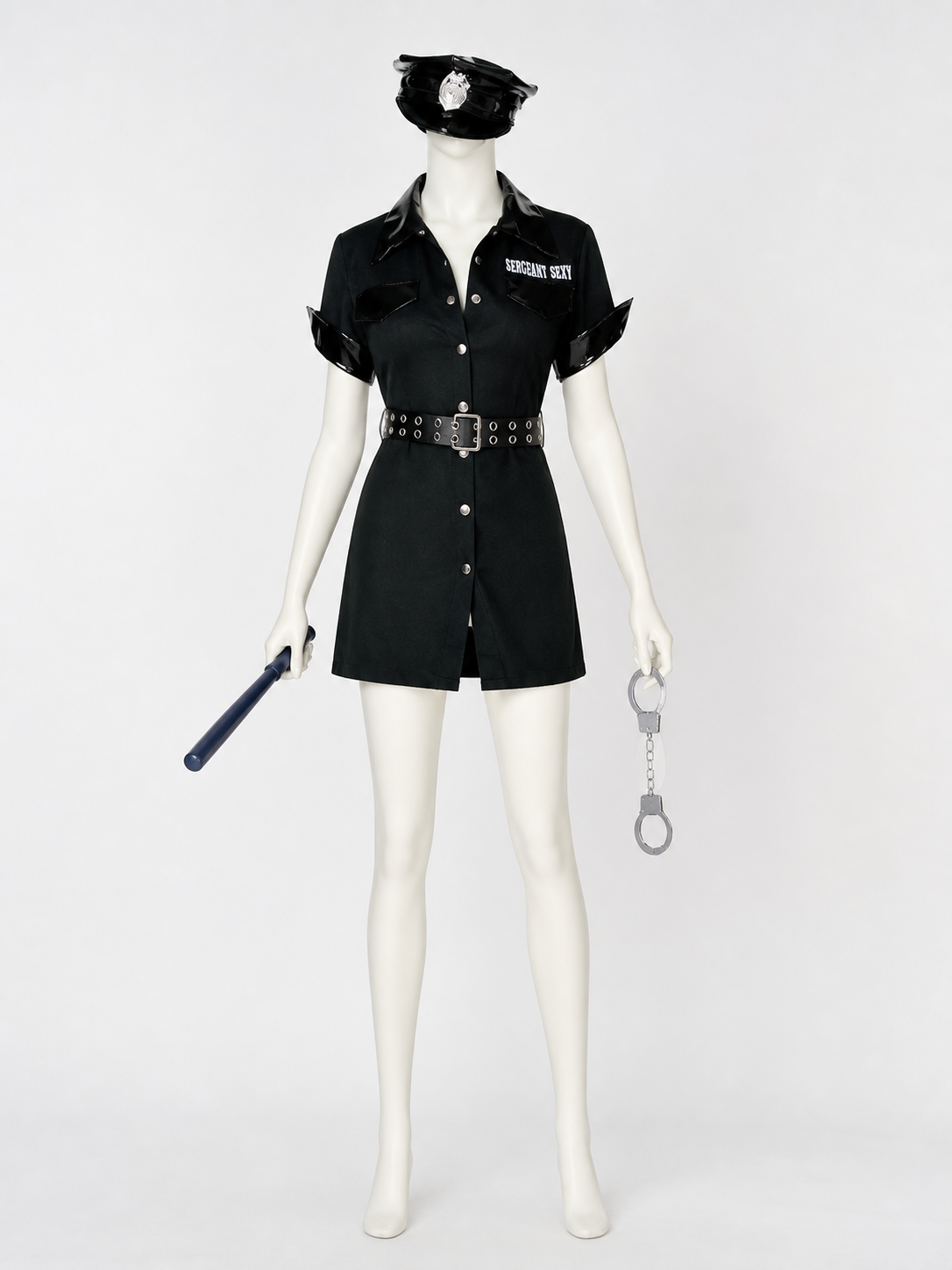 Women's Police Costume Set, Short-Sleeve Collared Bodysuit Dress with Belt, Hat
