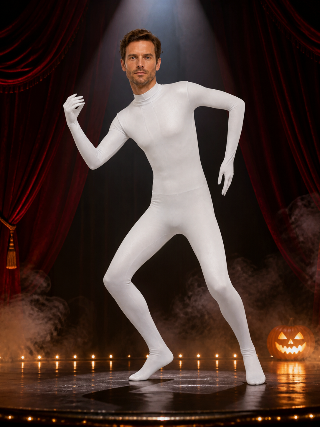 Men's White Invisible Man Full Body Suit Halloween Costume on-model stage scene view